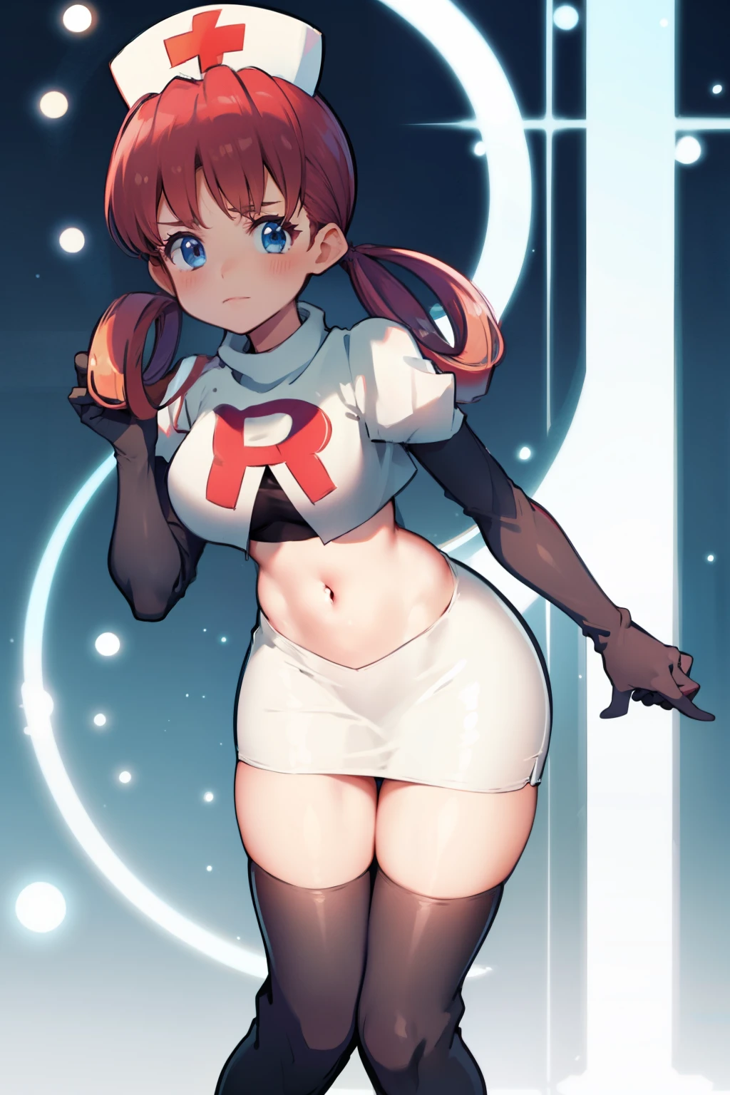 nurse joy, hair rings, bangs, team rocket,team rocket uniform, red letter R, white skirt,white crop top,black thigh-high boots, black elbow gloves , looking at viewer,