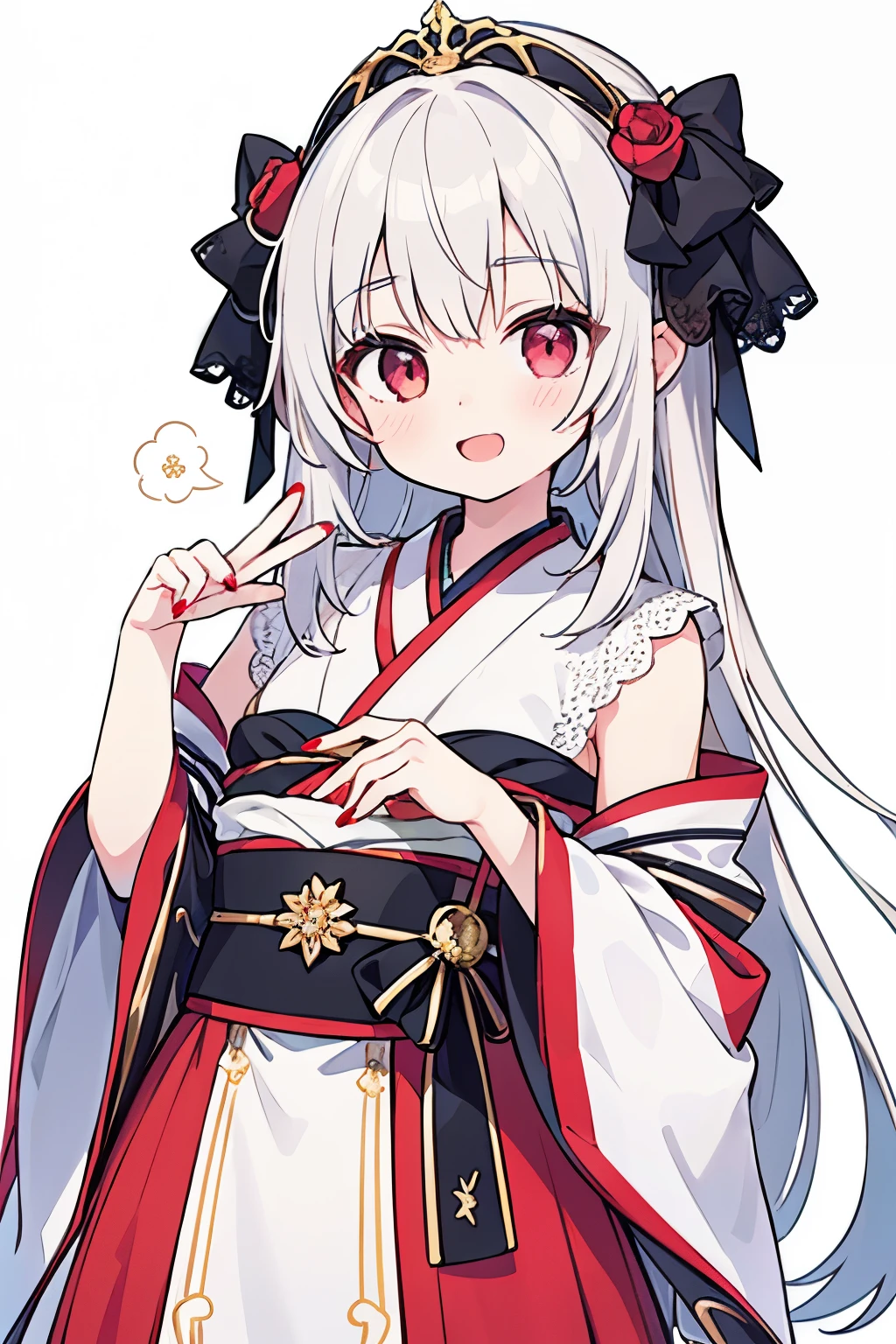1 girl, 、Smile, 独奏, Viewer's gaze, full bodyesbian, Red Nails, (masutepiece, Highest Quality, Highest Quality, offcial art, Beautiful and aesthetic: 1.2), European woman face portrait, People watching viewers, detail, Complex details s, 4K, hyper HD, solo focus, pale skin, barroco, Lace, Elegant, Smooth Anime CG Art, Movie Lighting, Cheerful pose, furisode、Standing Picture、with a pure white background、full bodyesbian、