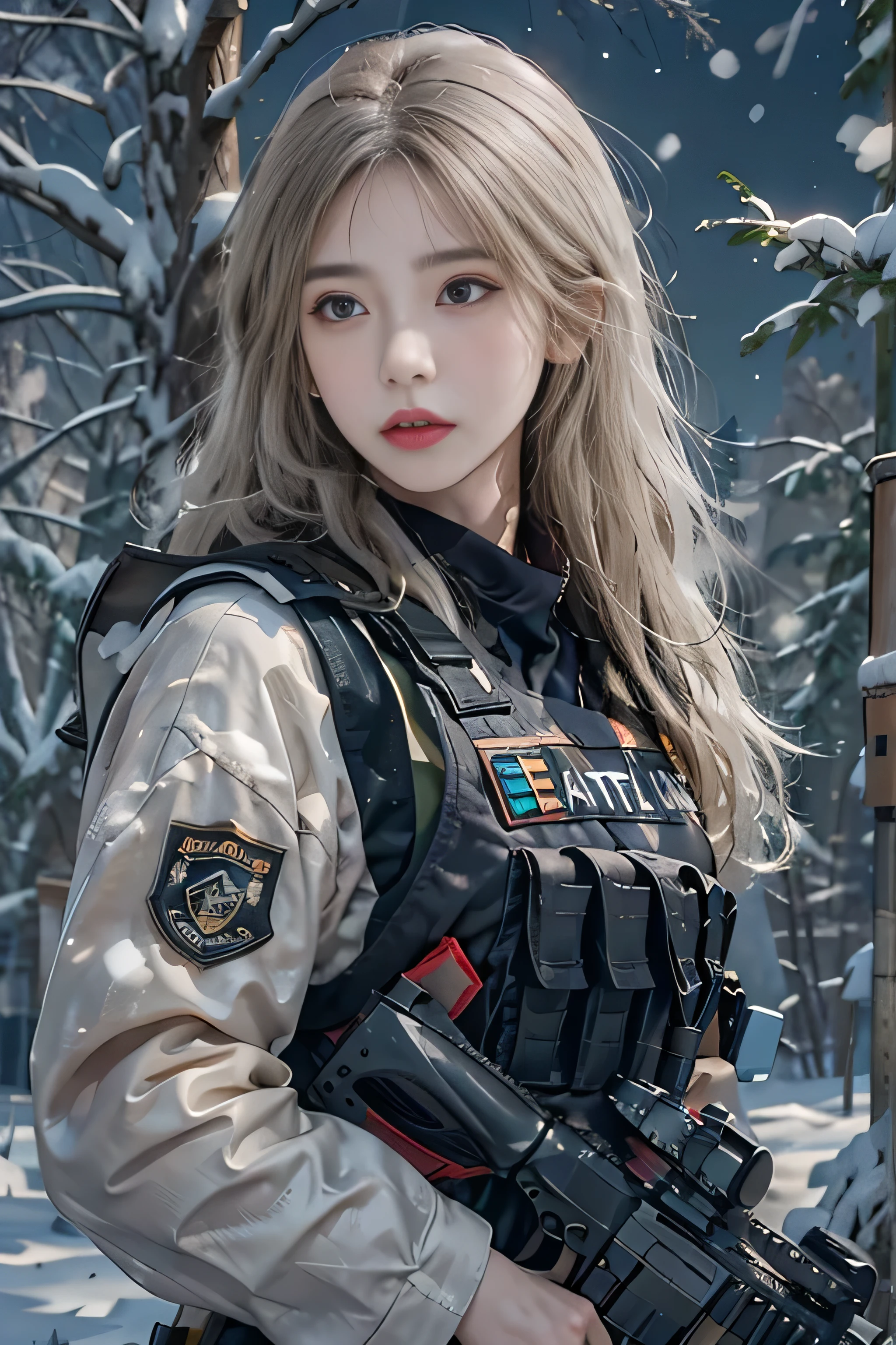 Photorealistic, High resolution, 1womanl, Solo,snowy background, stares at the camera, (Detailed face), a blond, Swat Vest, gun, Jewelry，Finger is blocked