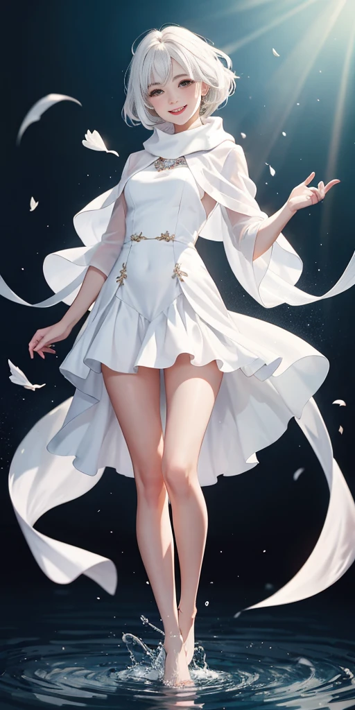 full-body close-up, create an elegant atmosphere), white short skirt, white hair shawl, graceful flowing, elegant movements, lustful smirking smile expression (red blush), floating in the air, (1girl), slim figure)