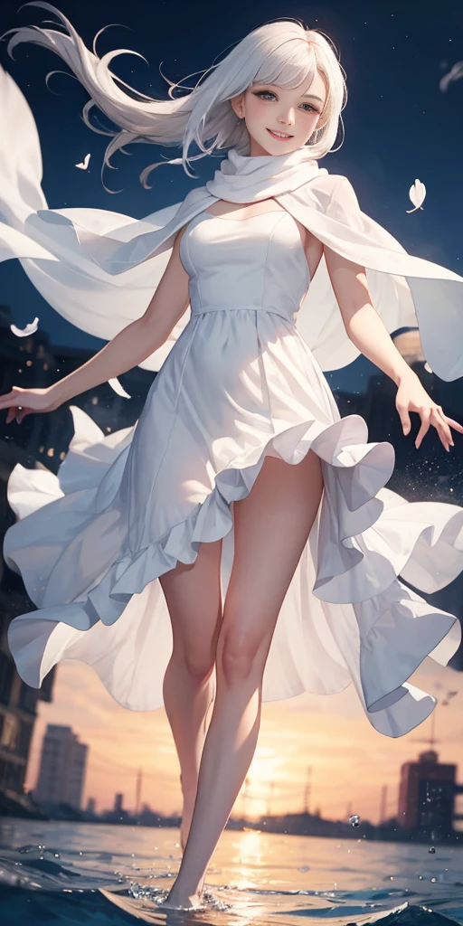 full-body close-up, create an elegant atmosphere), white short skirt, white hair shawl, graceful flowing, elegant movements, lustful smirking smile expression (red blush), floating in the air, (1girl), slim figure)