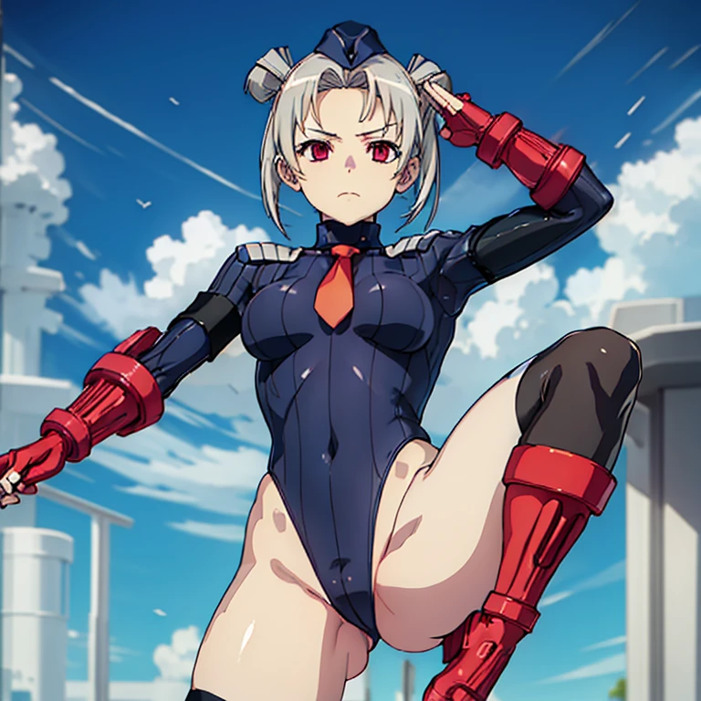 ultra-detailed, Explicit, Beautiful body, Beautiful Nose, Beautiful character design, perfect eyes, perfect face, ultra highres, 4K, beautiful legs, perfect legs, Nice hands, Perfect hand, Masterpiece, Best Quality, Highly detailed, illustration, absurdres, street fighter, doll suit, shadaloo doll, dollsuit, expressionless, blank eyes, looking at viewer, red gloves, emotionless, black latex, corrution, mind control, female combatant, full body, hypnotized, unhappy trance, full body suit, ribbed bodysuit, both arms at side, obey, perfect female body, extremely glossy latex, hypnosis, hypnoLora, empty eyes, Mind control device, poses, submissive_pose, Slave, hat, necktie, stand up straight, standing, standing at attention, hat, necktie, belt, latex, ribbed bodysuit, thighhighs, garter belt, Fighting Stance, extending the right arm from the shoulder into the air with a straightened hand, nazi saluting, military, military saluting, salute, thigh boots, 1girl, Rikka, 4-nin wa Sorezore Uso o Tsuku, grey hair, twin tail, short hair, red eyes, red ribbon