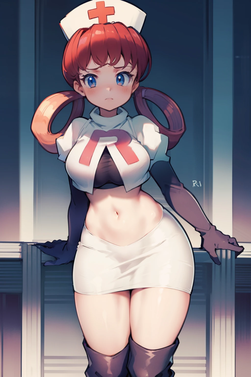 nurse joy, hair rings, bangs, team rocket,team rocket uniform, red letter R, white skirt,white crop top,black thigh-high boots, black elbow gloves , looking at viewer,