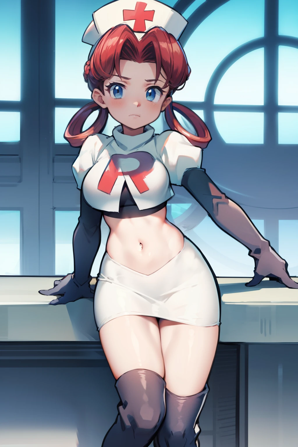 nurse joy, hair rings, bangs, team rocket,team rocket uniform, red letter R, white skirt,white crop top,black thigh-high boots, black elbow gloves , looking at viewer,