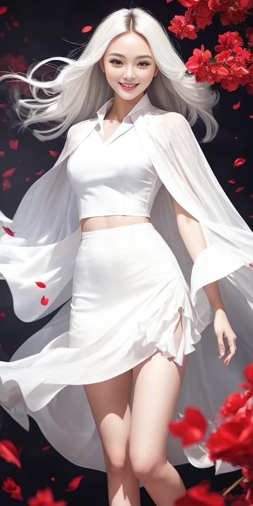 full-body close-up, create an elegant atmosphere), white short skirt, white hair shawl, graceful flowing, elegant movements, lustful smirking smile expression (red blush), floating in the air, (1girl), slim figure)