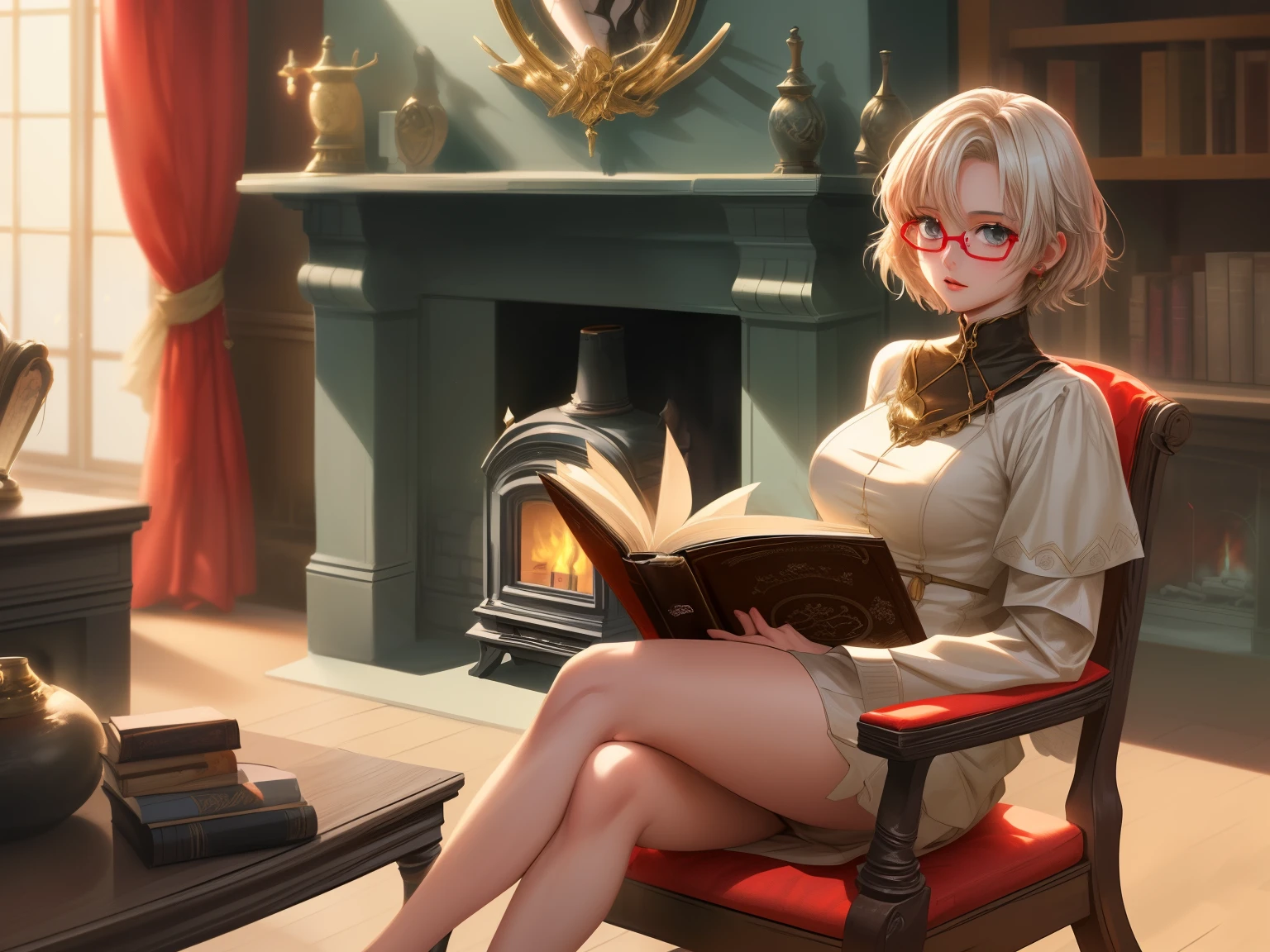 a fantasy anime promiscuous human girl 20 years old short hair ,and glasses sitting as the narrator to the beginning of a story on a chair, a fireplace to her right and big open book on her lap