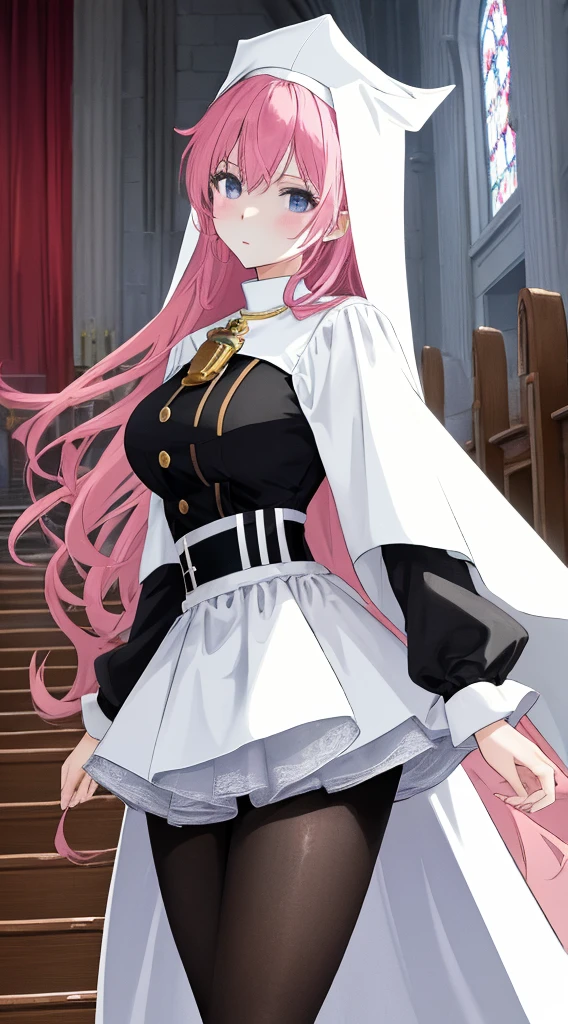 Sexy woman in black and white uniform posing in church, nun outfit, nun fashion model, nun, Japanese cartoon girl , , Inspired by:《legend of saint lucy》, Japan goddess, vampire nun, Japanese cartoon , Popular topics on cgstation, dress like a priest, Beautiful female priest, cgstation trends, black-white skintight robes!