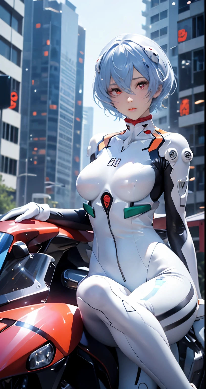 (Realistic, photoRealistic), Ayanami_wang, 1girl in, Blue short hair, white hair ornament, ((White bodysuit, gloves)), Saihar body), Sitting on the ground, (Cowboy Shot),(masutepiece, High quality, Best Quality), (Colorful),(Delicate eyes and face), volumatic light, Ray tracing, the Extremely Detailed CG Unity 8K Wallpapers,Solo((flying petal)),Outdoors, ((Cyberpunk)), Cyber City, ((neon trim)), Night,(Cityscape),frontage,(Opening legs)