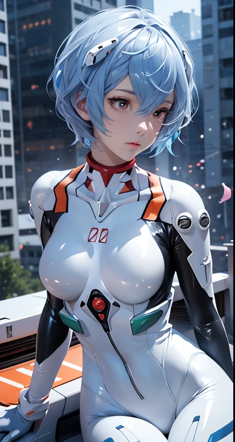 (Realistic, photoRealistic), Ayanami_wang, 1girl in, Blue short hair, white hair ornament, ((White bodysuit, gloves)), Saihar body), Sitting on the ground, (Cowboy Shot),(masutepiece, High quality, Best Quality), (Colorful),(Delicate eyes and face), volumatic light, Ray tracing, the Extremely Detailed CG Unity 8K Wallpapers,Solo((flying petal)),Outdoors, ((Cyberpunk)), Cyber City, ((neon trim)), Night,(Cityscape),frontage,(Opening legs)