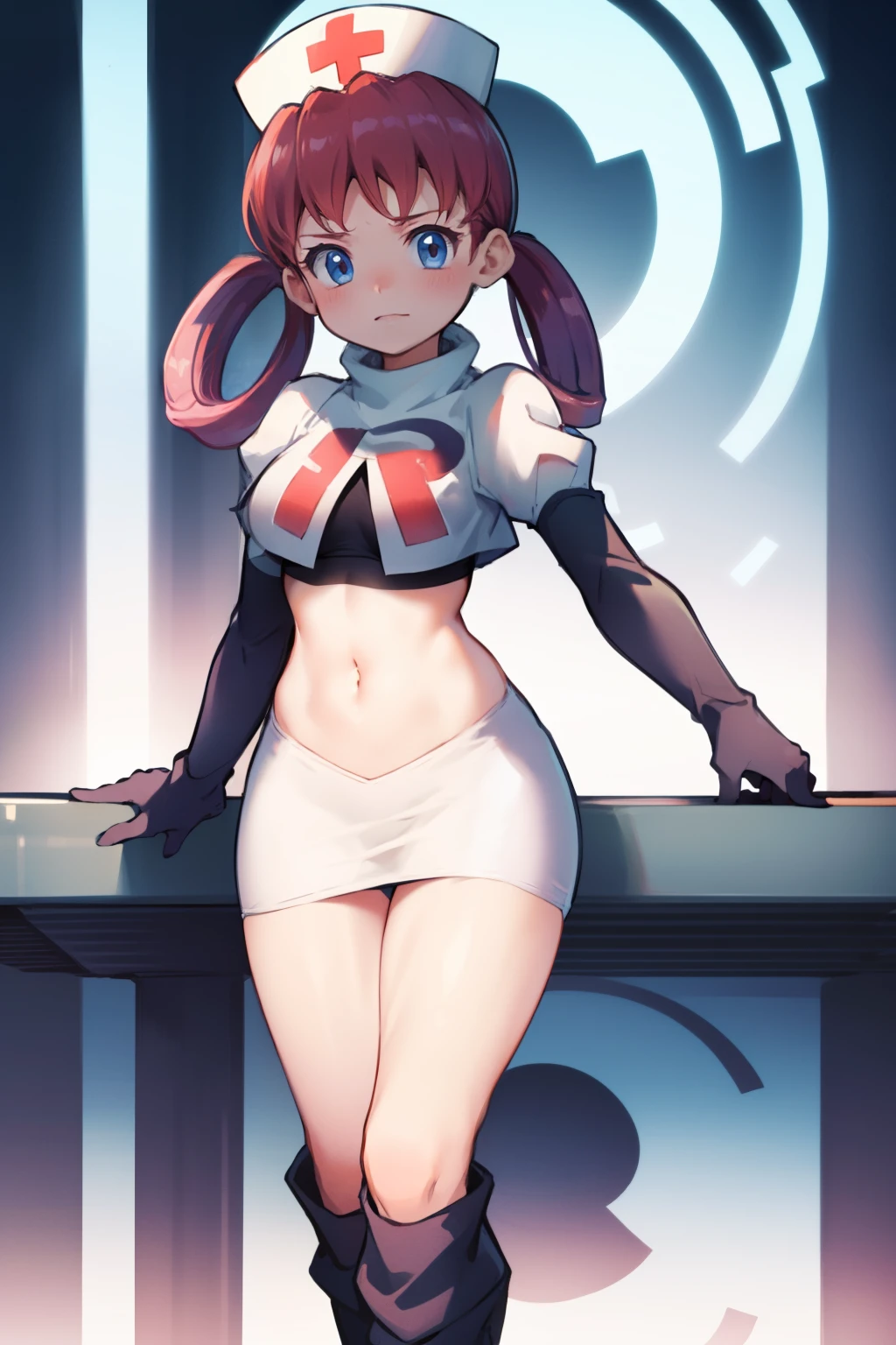 nurse joy, hair rings, bangs, team rocket,team rocket uniform, red letter R, white skirt,white crop top,black thigh-high boots, black elbow gloves , looking at viewer,