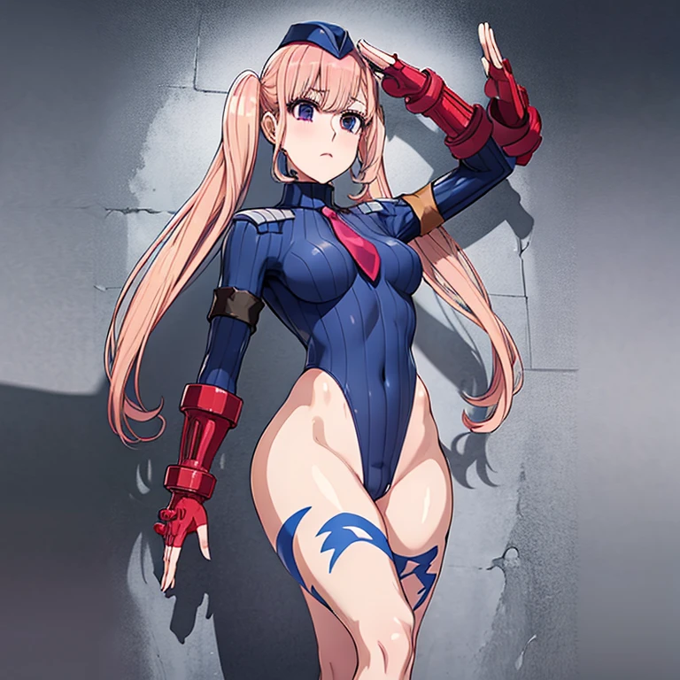 ultra-detailed, Explicit, Beautiful body, Beautiful Nose, Beautiful character design, perfect eyes, perfect face, ultra highres, 4K, beautiful legs, perfect legs, Nice hands, Perfect hand, Masterpiece, Best Quality, Highly detailed, illustration, absurdres, street fighter, doll suit, shadaloo doll, dollsuit, expressionless, blank eyes, looking at viewer, red gloves, emotionless, black latex, corrution, mind control, female combatant, full body, hypnotized, unhappy trance, full body suit, ribbed bodysuit, both arms at side, obey, perfect female body, extremely glossy latex, hypnosis, hypnoLora, empty eyes, Mind control device, poses, submissive_pose, Slave, hat, necktie, stand up straight, standing, standing at attention, hat, necktie, belt, latex, ribbed bodysuit, thighhighs, garter belt, Fighting Stance, extending the right arm from the shoulder into the air with a straightened hand, nazi saluting, military, military saluting, salute, thigh boots, 1girl, Ririna Sanada, Koi to Uso, pink hair, pink eyes, twin tails, long hair