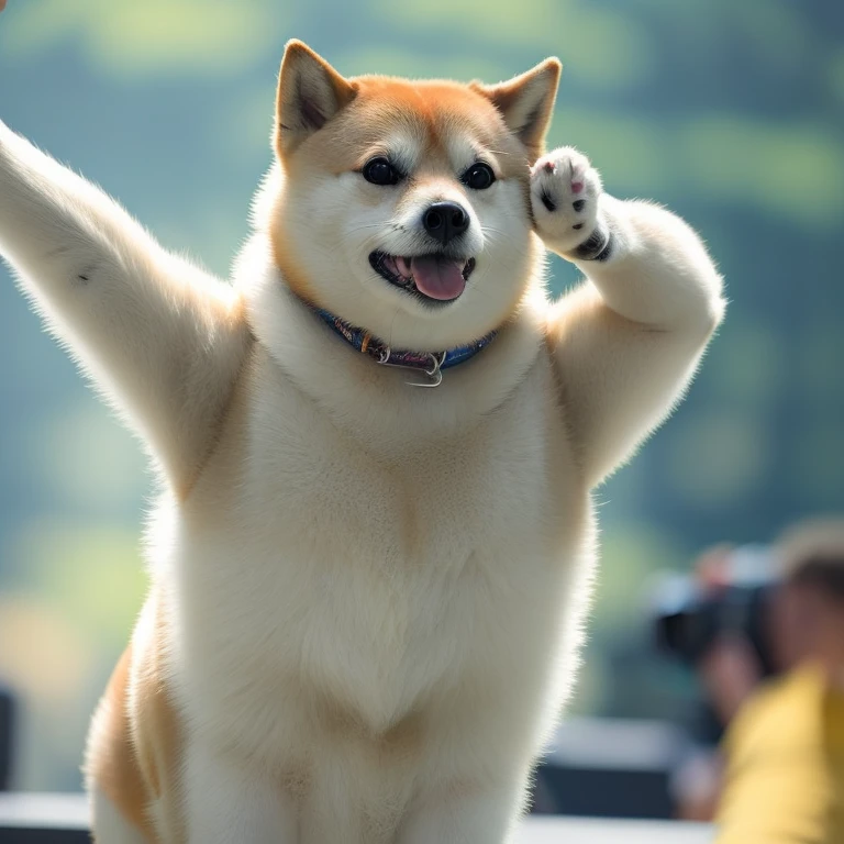 Arms up,Solo,Professional photographer Swoledoge))):Buff Swaldoge grins, Dog's body,Cinematic dramatic light, Smooth transition, Bokeh, Background,Looking at Viewer,wave her hand