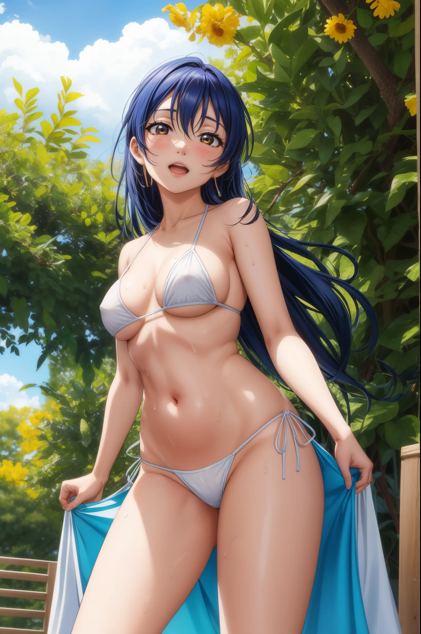 Solo, cowboy shot, from below,Sonoda umi,(white micro bikini), hard erect nipples,thicc body, standing, sweating ,outdoors,day