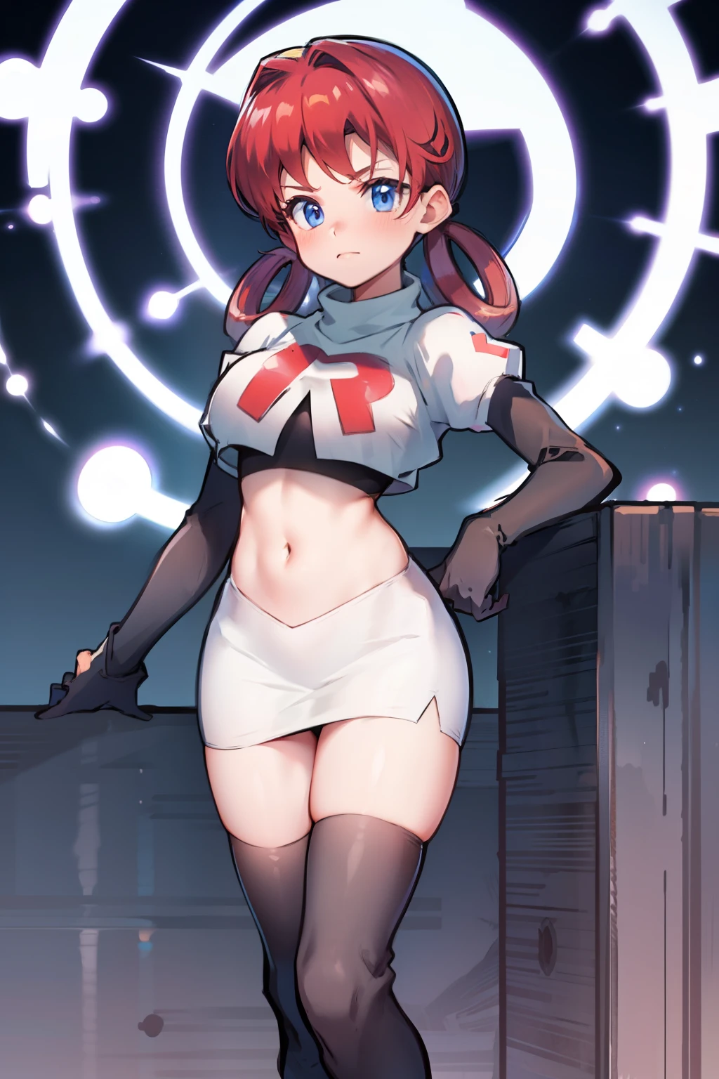 nurse joy, hair rings, bangs, team rocket,team rocket uniform, red letter R, white skirt,white crop top,black thigh-high boots, black elbow gloves , looking at viewer,