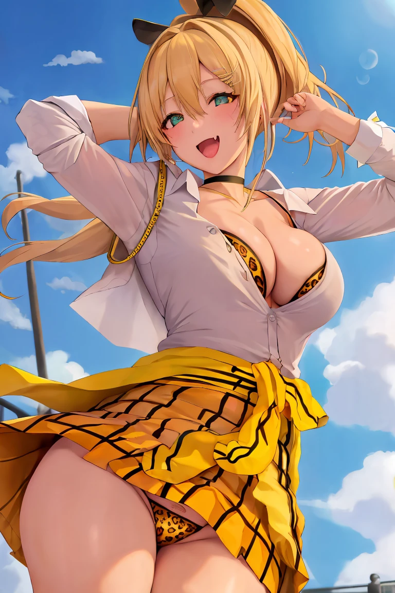 masterpiece, best quality, 1girl, solo, rupeedef, white shirt, skirt, hair ornament, hair clip, underwear, leopard print, cleavage, jewelry, choker, smile, open mouth, standing, street, fang, arms at sides, panties, from below, clothes around waist, ponytail