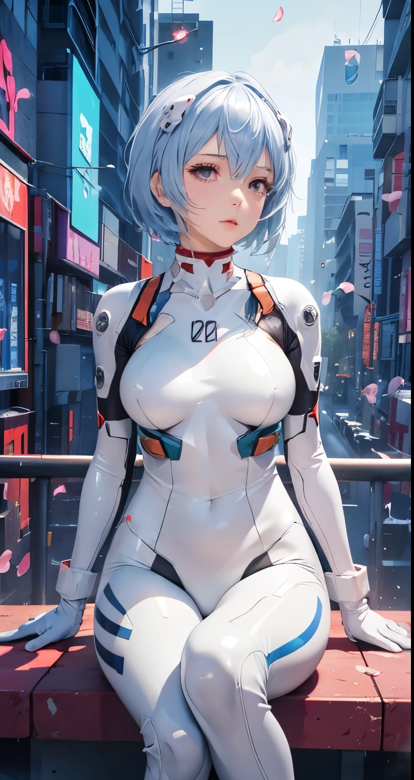 ((Sci-fi plug suit with realistic neon lightetal mechanical parts)),, skinny, solo, 1 woman, Masterpiece, highest quality, highest quality, 16K, incredibly absurd, highly detailed, 2.5D, ai-generated, delicate and dynamic, very delicate facial expressions, delicate eye depiction, erotic, only sexy woman, ((A cute and kind face)), healthy figure, ((25-year-old woman)), 160cm tall, medium firm swaying bust, black eye, blush, Sweat,Embarrassed,sexy, ((thin thighs)), shiny and lustrous, Dynamic poses, sexy poses, (A bright sci-fi background, set in a futuristic city), (camel toe:0.5), (Erect nipples,:0.8), sit,