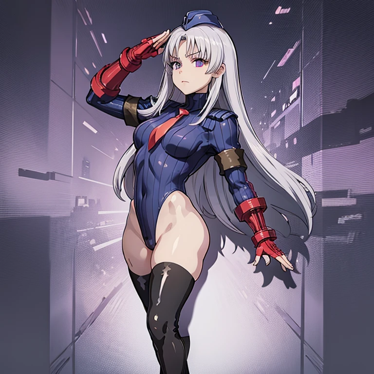ultra-detailed, Explicit, Beautiful body, Beautiful Nose, Beautiful character design, perfect eyes, perfect face, ultra highres, 4K, beautiful legs, perfect legs, Nice hands, Perfect hand, Masterpiece, Best Quality, Highly detailed, illustration, absurdres, street fighter, doll suit, shadaloo doll, dollsuit, expressionless, blank eyes, looking at viewer, red gloves, emotionless, black latex, corrution, mind control, female combatant, full body, hypnotized, unhappy trance, full body suit, ribbed bodysuit, both arms at side, obey, perfect female body, extremely glossy latex, hypnosis, hypnoLora, empty eyes, Mind control device, poses, submissive_pose, Slave, hat, necktie, stand up straight, standing, standing at attention, hat, necktie, belt, latex, ribbed bodysuit, thighhighs, garter belt, Fighting Stance, extending the right arm from the shoulder into the air with a straightened hand, nazi saluting, military, military saluting, salute, thigh boots, 1girl, Azmaria Hendric, Chrono Crusade, white hair, long hair, purple eyes