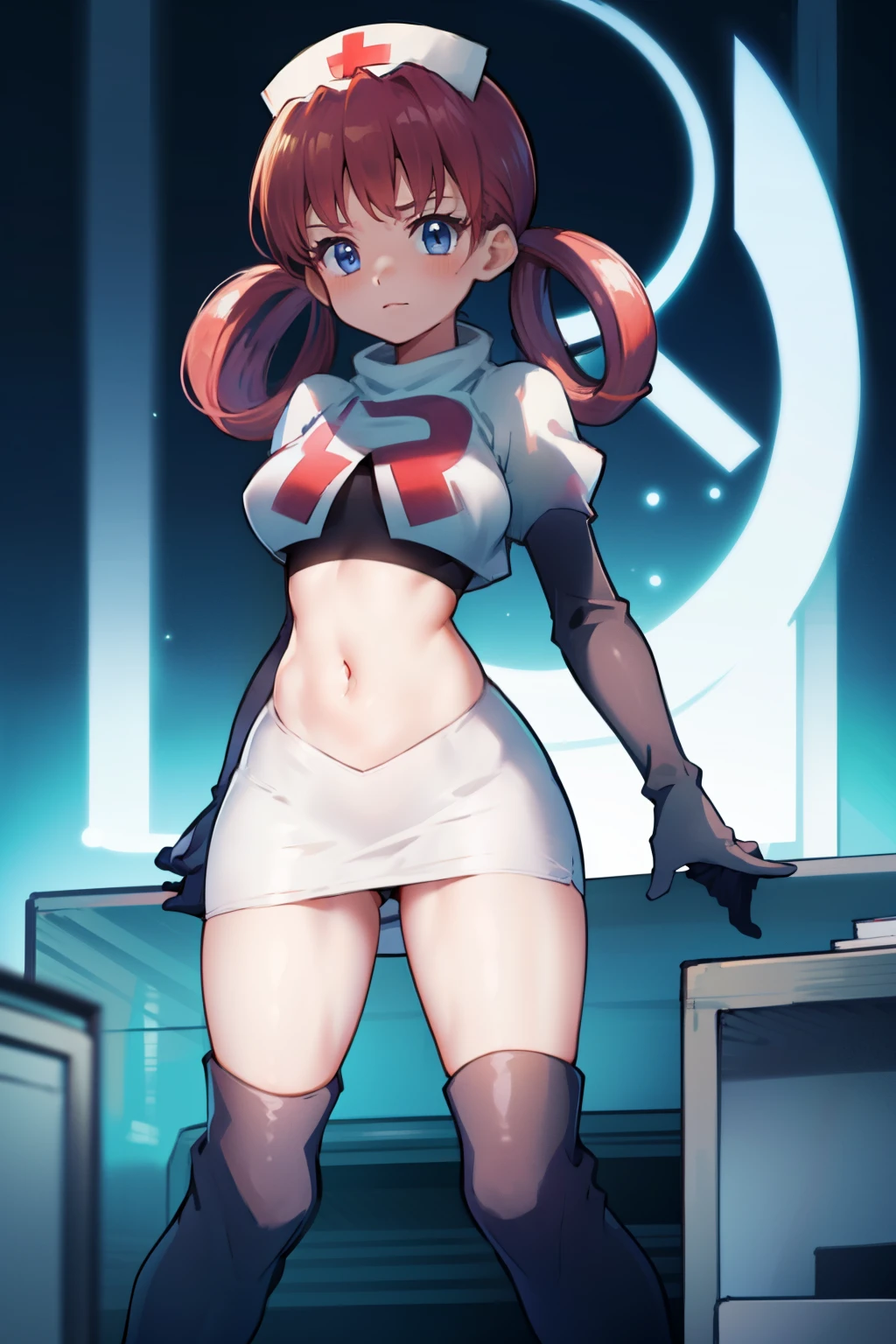 nurse joy, hair rings, bangs, team rocket,team rocket uniform, red letter R, white skirt,white crop top,black thigh-high boots, black elbow gloves , looking at viewer,