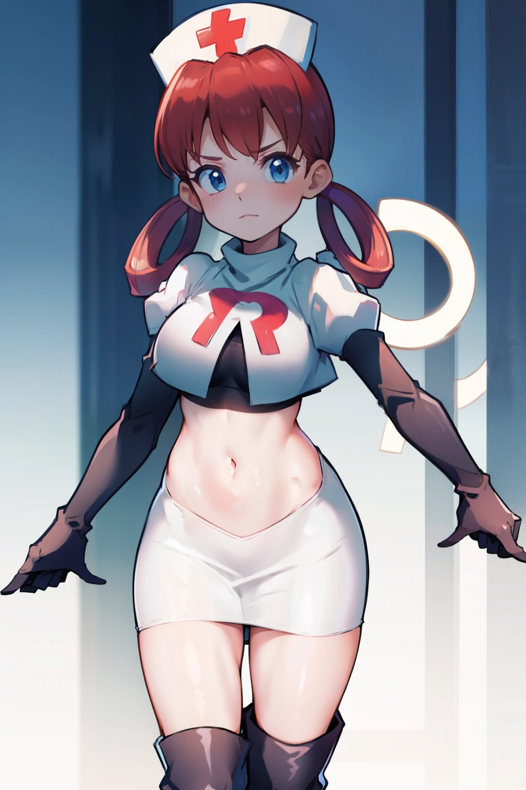 nurse joy, hair rings, bangs, team rocket,team rocket uniform, red letter R, white skirt,white crop top,black thigh-high boots, black elbow gloves , looking at viewer,