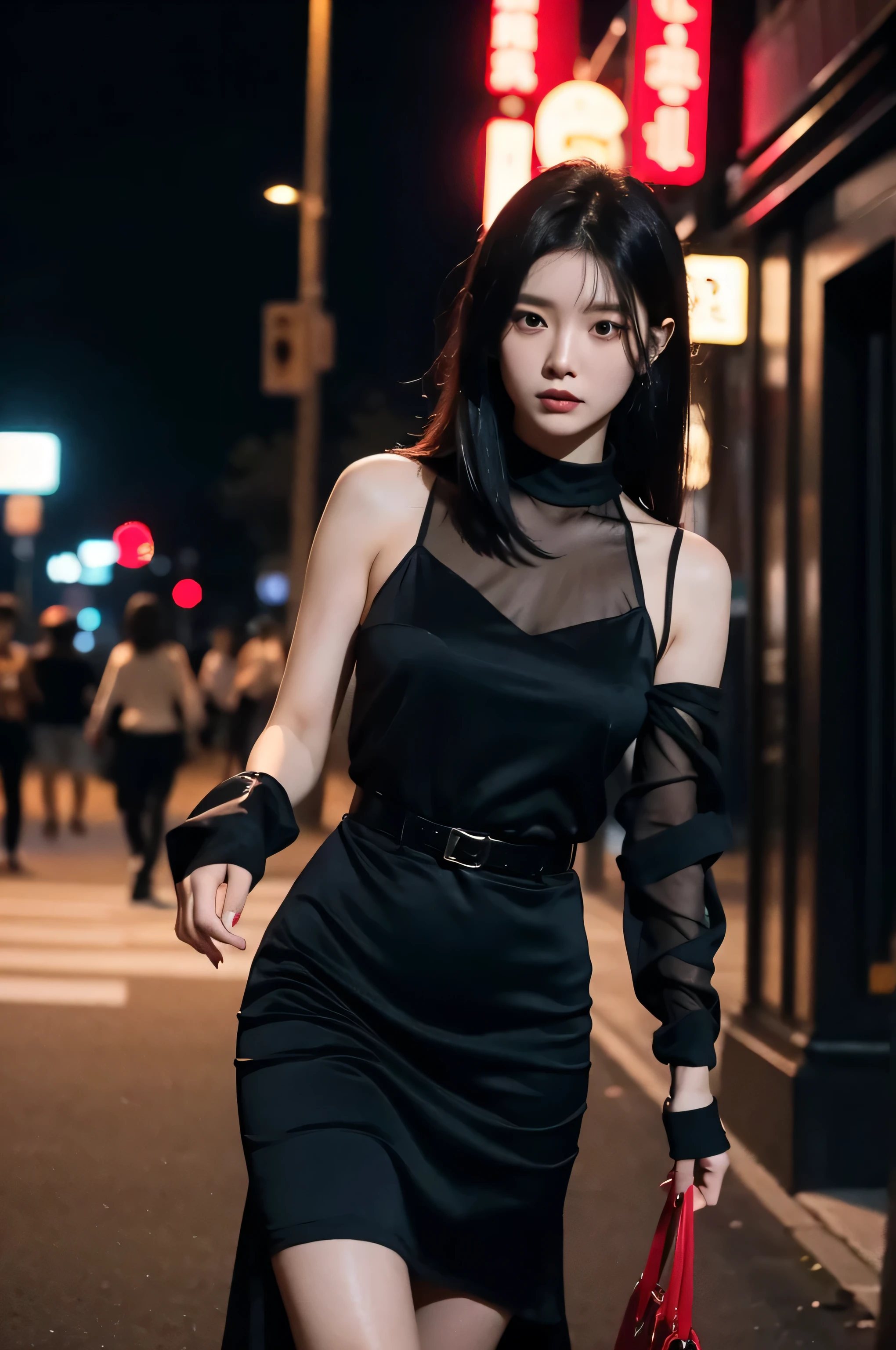 (((best quality))),(((ultra detailed))),(((masterpiece))),illustration,1girl,slim,vibrant cotton dress,short ponytail,flat chest,pantyhose,standing, bustling city streets, honking cars,surrounded by crowded crowds, colorful advertisements,enjoying sights and sounds,(dark black skin:1.5),(day scene:1.3),upper body,arms behind back,sunshine