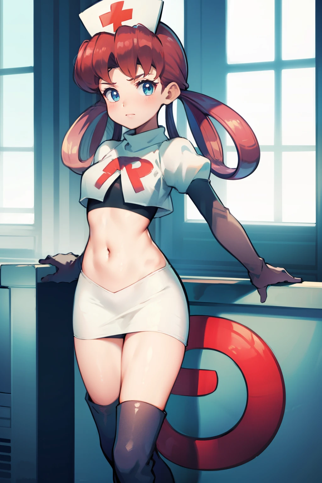 nurse joy, hair rings, bangs, team rocket,team rocket uniform, red letter R, white skirt,white crop top,black thigh-high boots, black elbow gloves , looking at viewer,