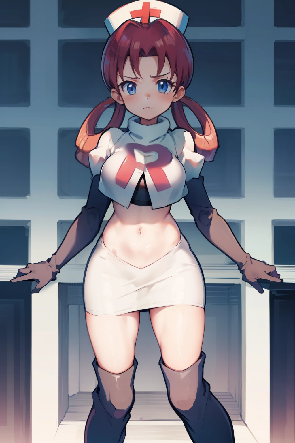 nurse joy, hair rings, bangs, team rocket,team rocket uniform, red letter R, white skirt,white crop top,black thigh-high boots, black elbow gloves , looking at viewer,