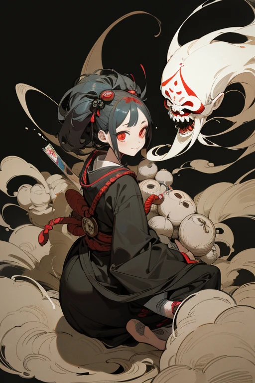 (black background), ((yokai)), bugaboo, Chojugiga, (eerie), rough sketch, (Clear), (obvious), (masterpiece), (high resolution), (super delicate), (8k), full body, (horror elements), eerie worldview, primitive art, old picture scroll style, cartoon style, old staging, Ancient mural style, anthropomorphism, Outline warm color, Shihon Bokuga, Sumi-e, Japanese painting, Crazy illustrations, antique, Dark atmosphere, flat illustration, doll-like face, horror factor, Crazy smile, spooky look, personification of junk, Distinctive hair style, Creative accessories, individualistic atmosphere, dripping blood, horrific, nightmare