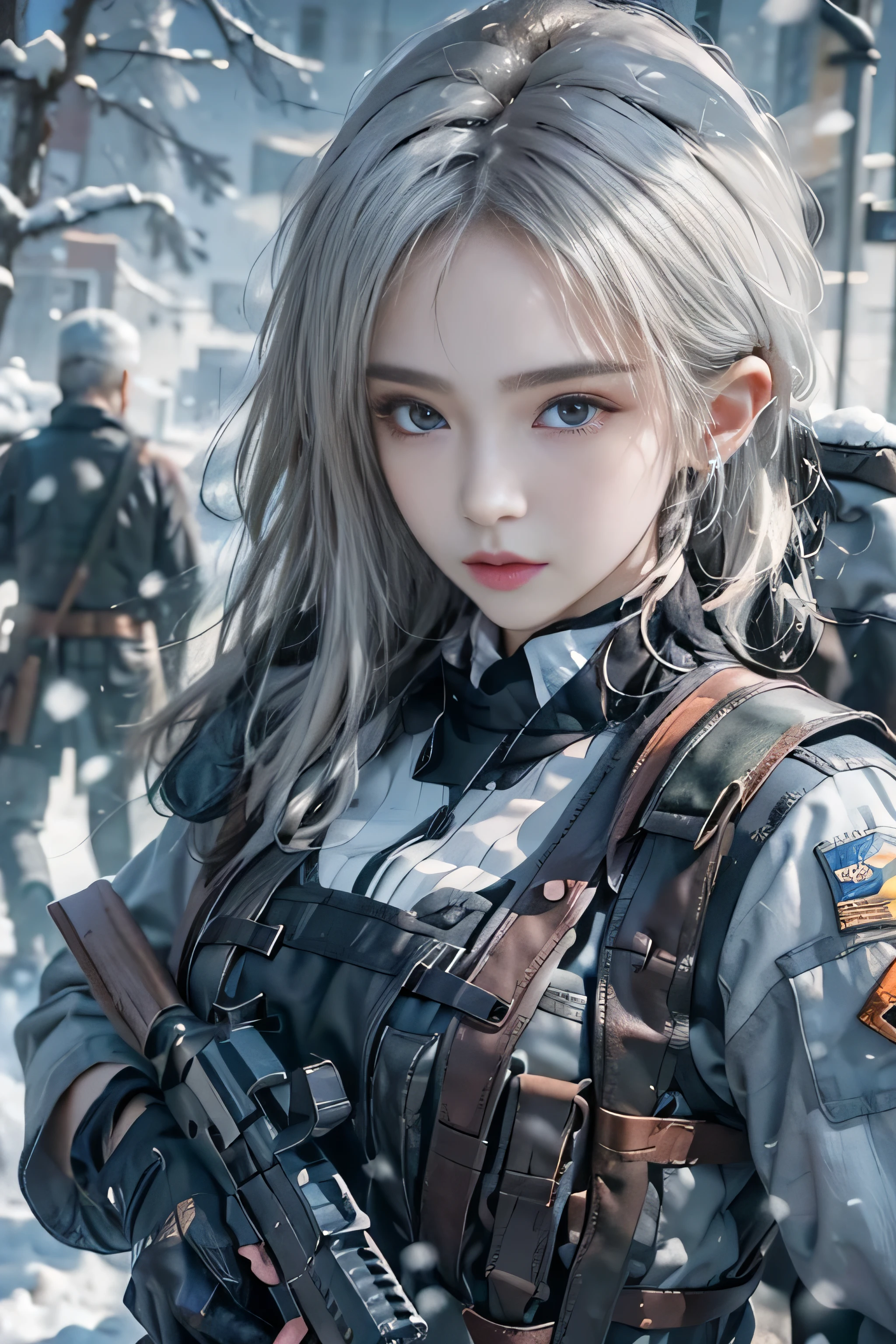 Photorealistic, High resolution, 1womanl, Solo,snowy background, stares at the camera, (Detailed face), White hair, Shortcut Hair, Swat Vest, gun, Jewelry，Finger is blocked