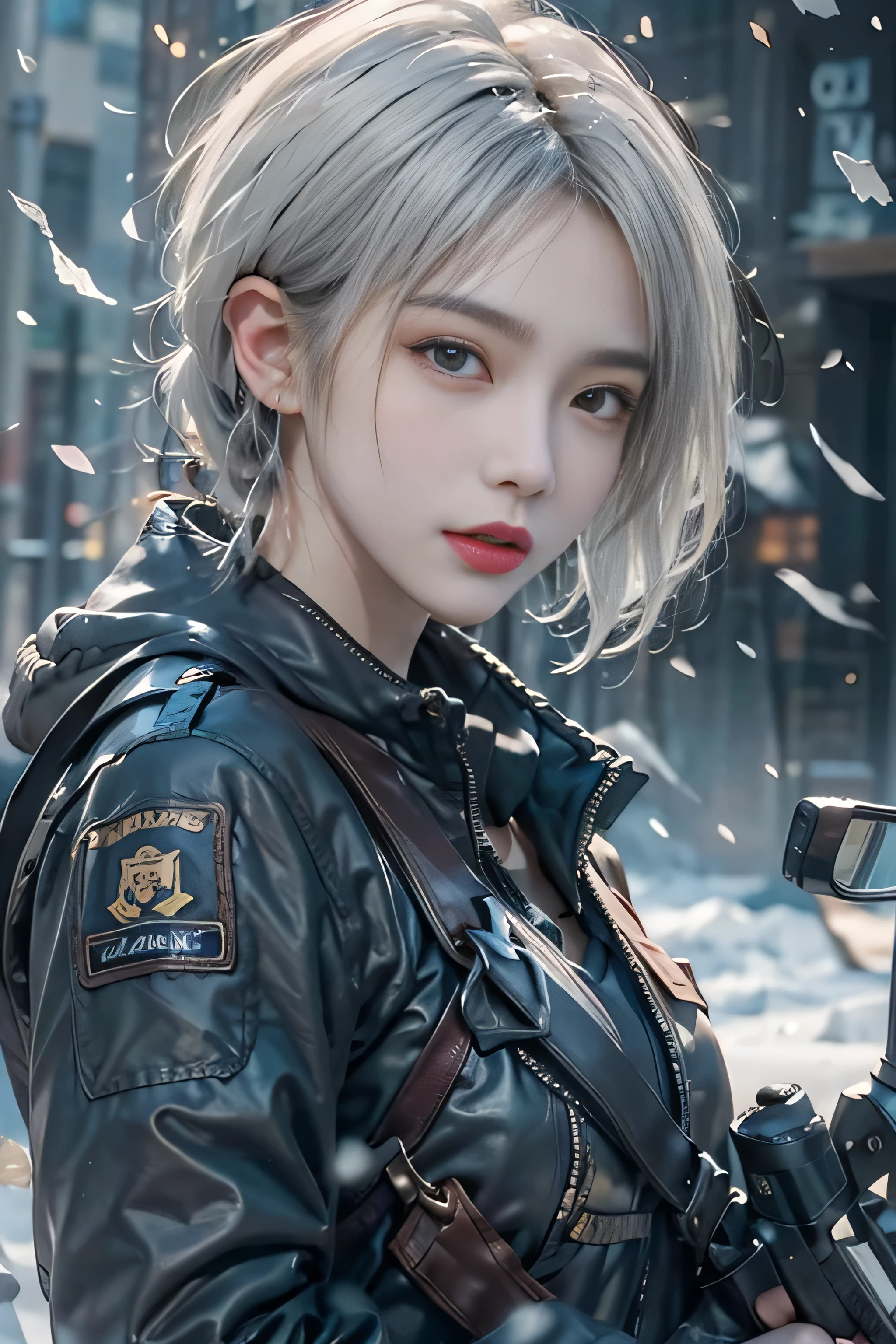 Photorealistic, High resolution, 1womanl, Solo,snowy background, stares at the camera, (Detailed face), White hair, Shortcut Hair, Swat Vest, gun, Jewelry，Finger is blocked