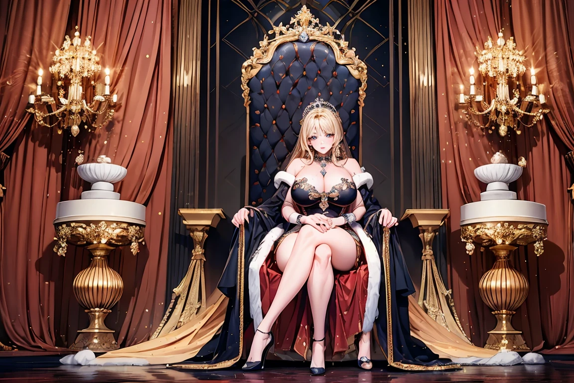 shoujo-style, (floral background, romance manhwa),1girl, gentle smile, dress, Medieval queen, aristocrat, noble, jewelry, ((fur coat)), jewelry, (puffy sleeve:1.2), golden, earrings, armlet, bracelet, luxury, celebrity, sitting on Throne, looking at viewer, blonde drill hair, voluminous hair, Curl inside hair, cleavage, navel, midriff, narrow waist, gigantic breast, hanging breast, huge hips, thick thighighs, royal dress, (cleavage), puffy sleeves, long sleeves, (highheels), spakle