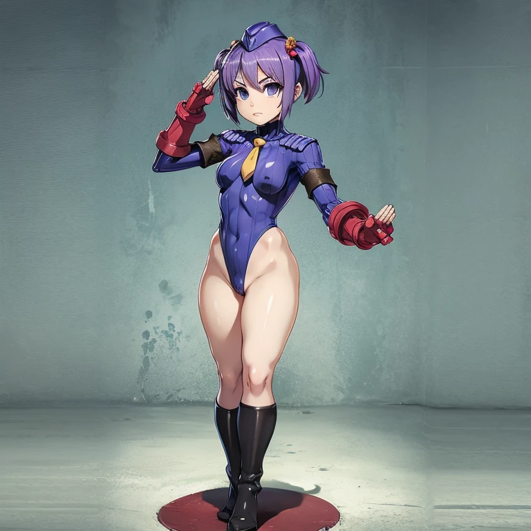 ultra-detailed, Explicit, Beautiful body, Beautiful Nose, Beautiful character design, perfect eyes, perfect face, ultra highres, 4K, beautiful legs, perfect legs, Nice hands, Perfect hand, Masterpiece, Best Quality, Highly detailed, illustration, absurdres, street fighter, doll suit, shadaloo doll, dollsuit, expressionless, blank eyes, looking at viewer, red gloves, emotionless, black latex, corrution, mind control, female combatant, full body, hypnotized, unhappy trance, full body suit, ribbed bodysuit, both arms at side, obey, perfect female body, extremely glossy latex, hypnosis, hypnoLora, empty eyes, Mind control device, poses, submissive_pose, Slave, hat, necktie, stand up straight, standing, standing at attention, hat, necktie, belt, latex, ribbed bodysuit, thighhighs, garter belt, Fighting Stance, extending the right arm from the shoulder into the air with a straightened hand, nazi saluting, military, military saluting, salute, thigh boots, 1girl, Riri, koihime musou, purple hair, purple eyes, short hair, short twin tails