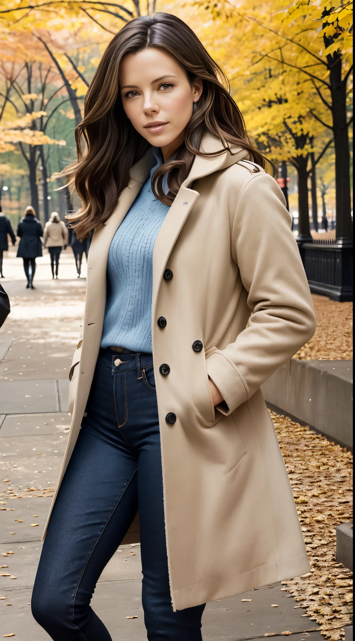 Foto hiperrealista en primer plano de Kate Beckinsale, masterpiece, best quality, (photorealistic:1.4), full body, (beige autumn coat over blue sweater:1.1),  (blue jeans:1.2) heels, in the New York Central Park, sunny day, cinematic light, beautiful woman, skinny, small breasts, straight brown hair, detailed face, smile, photo taken from a distance, age 20 tears old, (black detights:1.2)