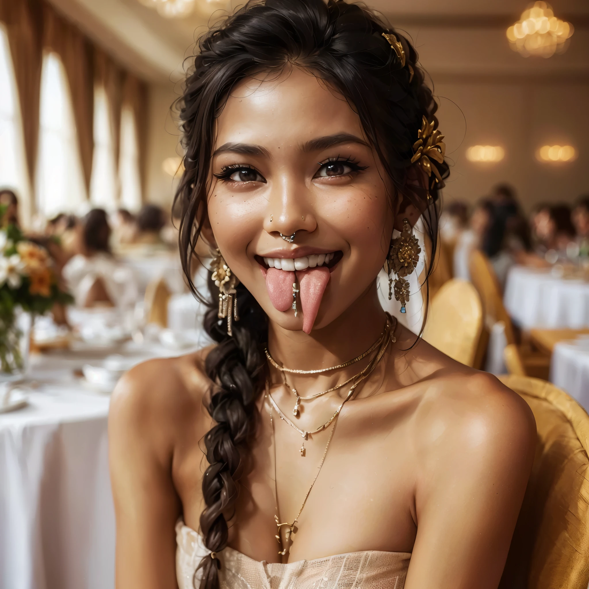 Generate a lady with large breast wearing summer dress, showing her tongue with piercing, smile, beautifull, nose piercing, lips piercing, tongue piercing, so many ears piercing, body modification, split tongue, cheek piercing,wearing so many earring, ring, bracelet, necklace, masterpiece, best quality:1.2),,(8k,highres,RAW photo,realistic,photo-realistic:1.3),(detailed skin texture,detailed cloth texture,beautiful detailed face:1.25),professional lighting,photon mapping,beautiful soft light,radiosity,physically-based rendering,raytracing, model shoot style, model shoot style, (extremely detailed CG unity 8k wallpaper), full shot body photo of the most beautiful artwork in the world, (((nsfw))), ((expensive camera photoshoot))
