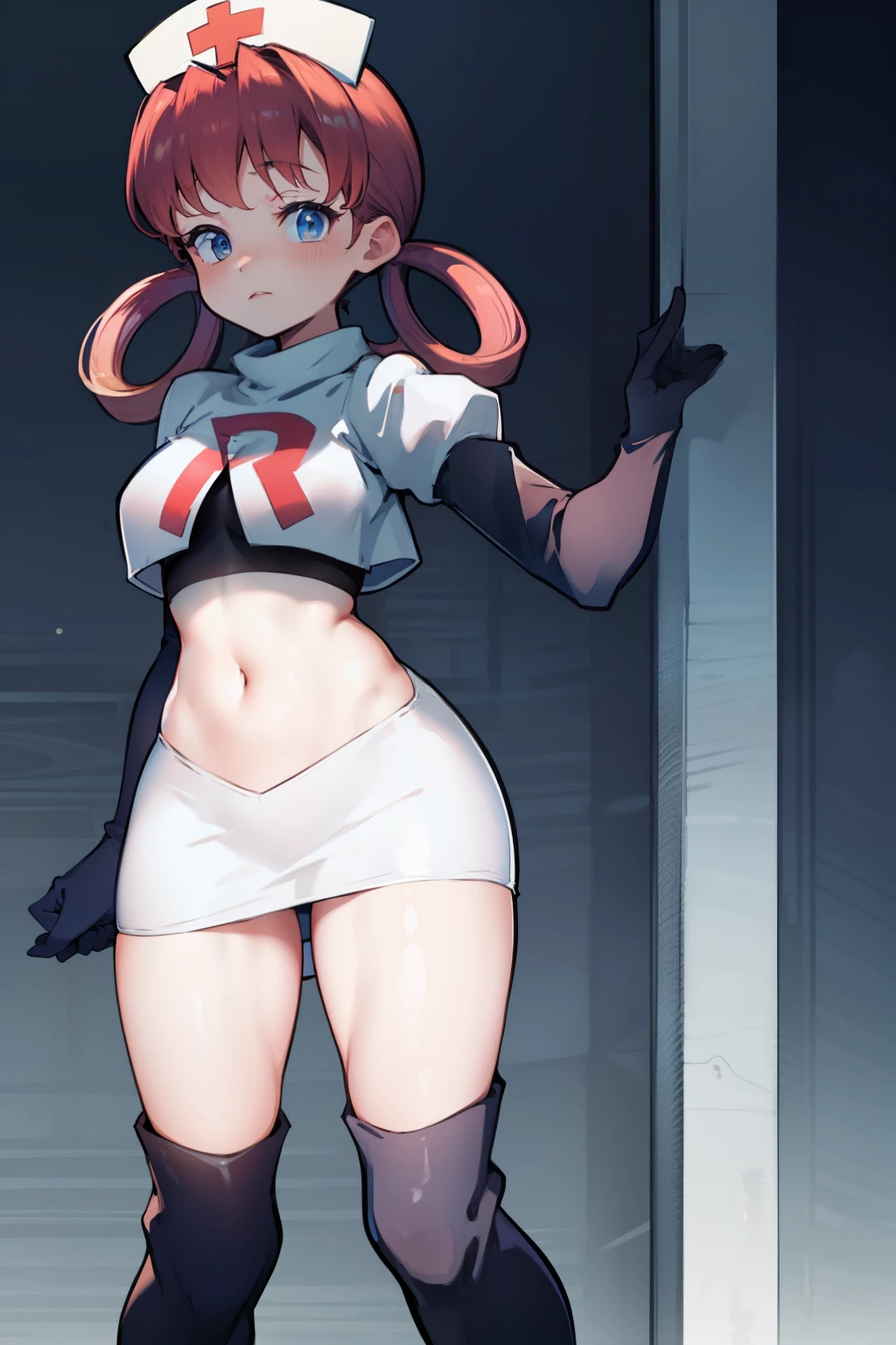 nurse joy, hair rings, bangs, team rocket,team rocket uniform, red letter R, white skirt,white crop top,black thigh-high boots, black elbow gloves , looking at viewer,