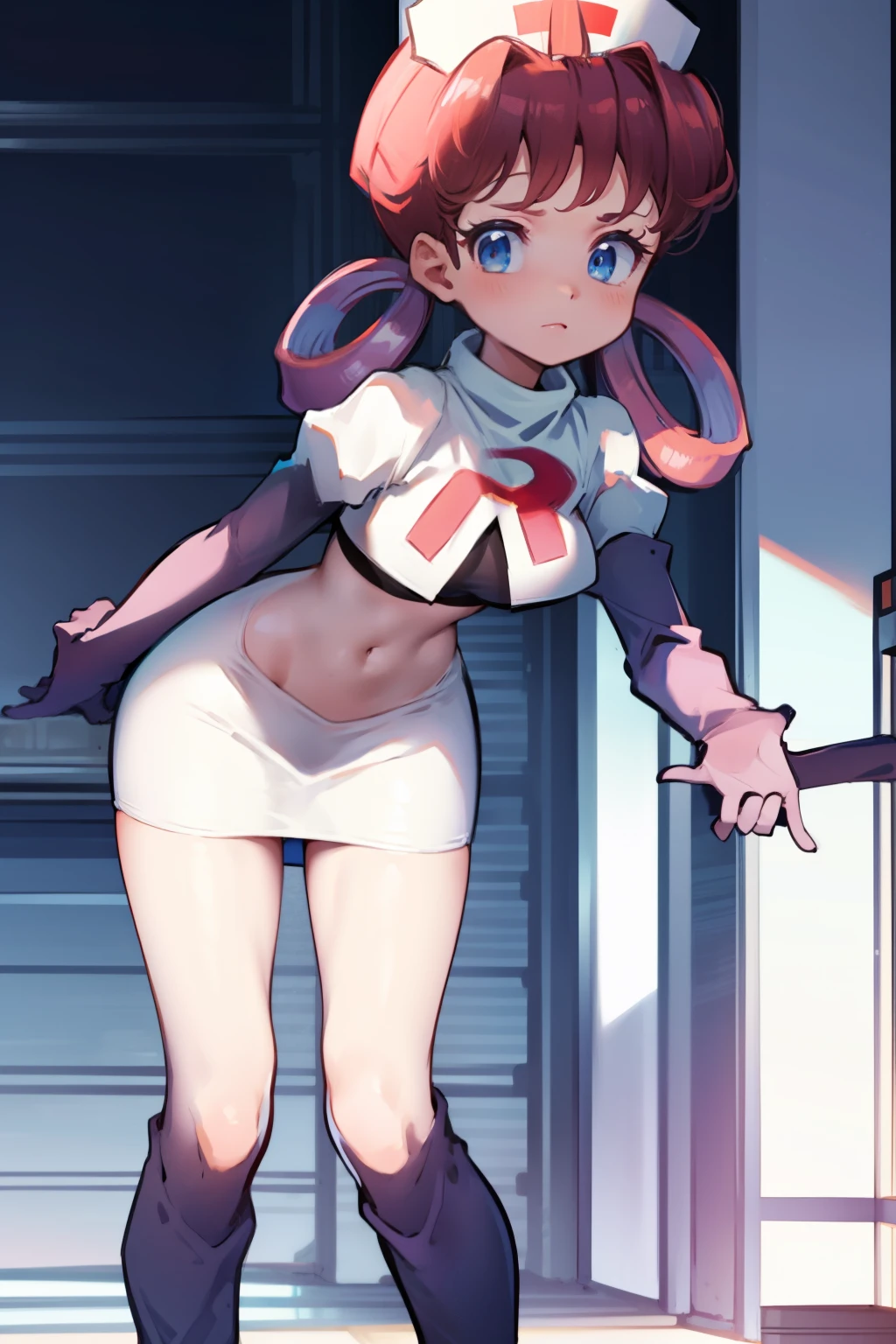 nurse joy, hair rings, bangs, team rocket,team rocket uniform, red letter R, white skirt,white crop top,black thigh-high boots, black elbow gloves , looking at viewer,