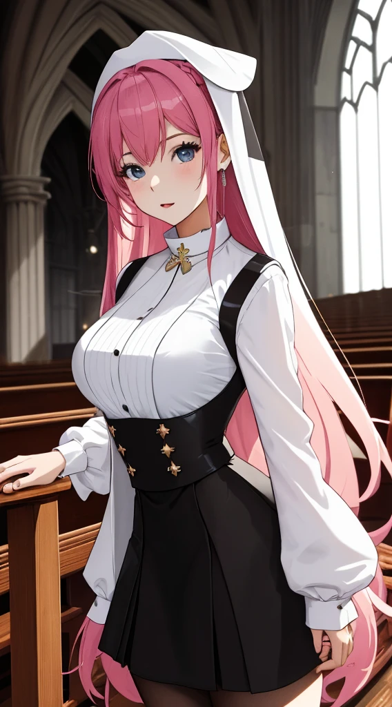 Sexy woman in black and white uniform posing in church, nun outfit, nun fashion model, nun, Japanese cartoon girl , , Inspired by:《legend of saint lucy》, Japan goddess, vampire nun, Japanese cartoon , Popular topics on cgstation, dress like a priest, Beautiful female priest, cgstation trends, black-white skintight robes!