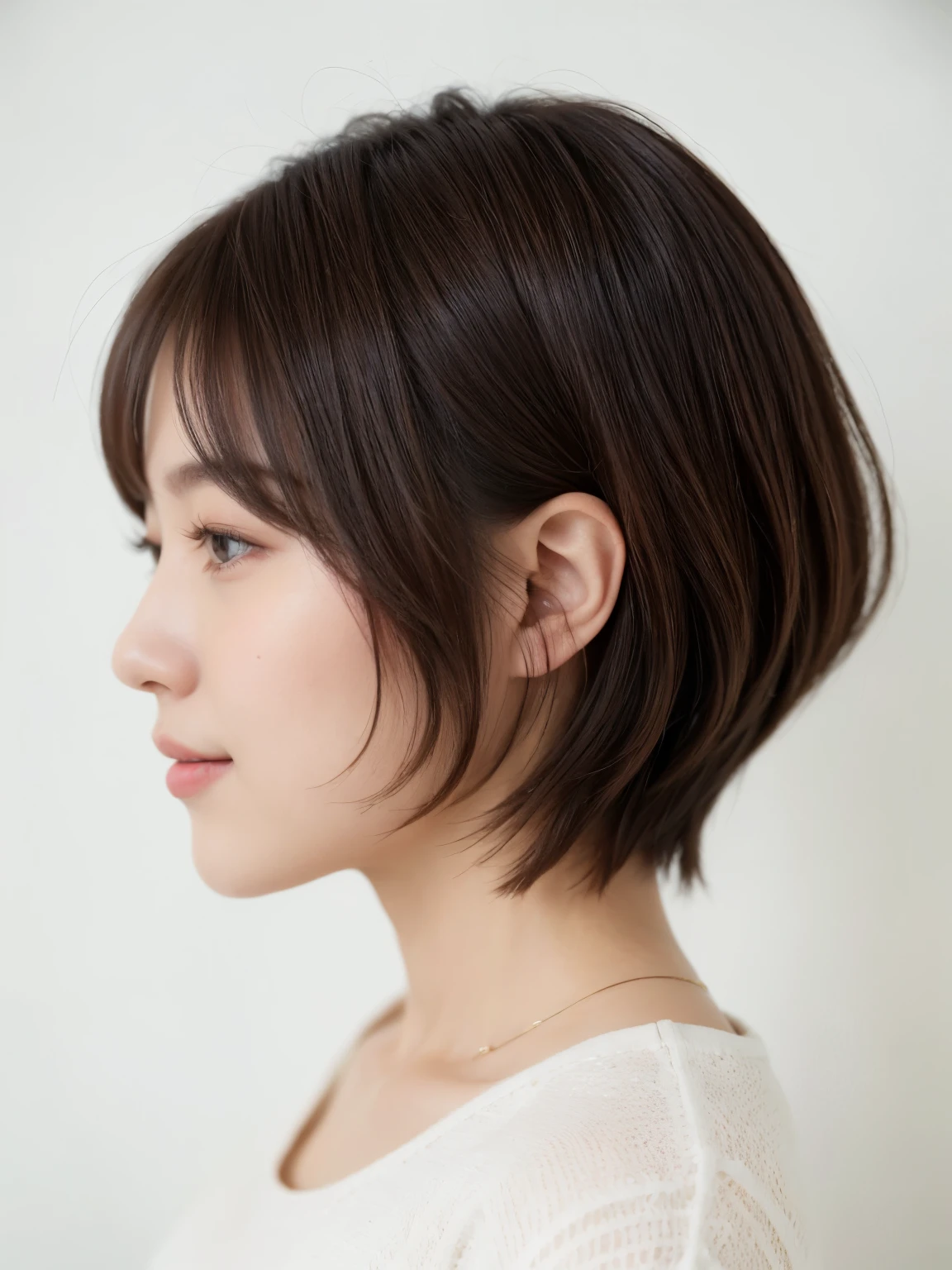 white walls、Taken in front of the white door、(窓のあるwhite wallsの部屋)、(8K、Raw photography、top-quality、masterpiece:1.2)、high-definition RAW color photography、professional photograpy、(realisitic、フォトrealisitic:1.37)、Shot in natural light、1girl in、A smile、(Poses variadas)、Crouch down、crouching down、BREAK (Ombre:1.3) 、Winter clothes、 Necklace、(Beautiful profile:1.3)、Don't look at the camera、profile、short-cut、((Brown hair)、short-hair、Eye color is dark brown、(Beautiful profile:1.3)、correct hand of human body、Depressed、pastel clothing