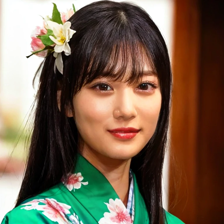 a close up of a woman in a kimono with a flower in her hair, in a kimono, in a kimono, 奈良美智, deayami kojima, goddess of Japan, Japanese Models, Young Pretty Gravure Idol, Aoi Ogata, realistic Young Gravure Idol, Young Gravure Idol, Young gravure idols, A Japanese Lady
