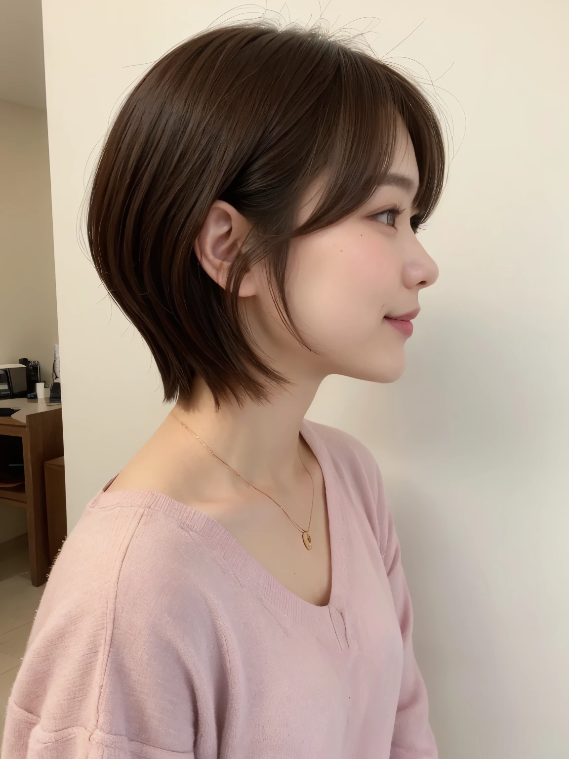 white walls、Taken in front of the white door、(窓のあるwhite wallsの部屋)、(8K、Raw photography、top-quality、​masterpiece:1.2)、high-definition RAW color photography、professional photograpy、(realisitic、フォトrealisitic:1.37)、Shot in natural light、1girl in、A smile、(Poses variadas)、Crouch down、crouching down、BREAK (Ombre:1.3) 、Winter clothes、 Necklace、(Beautiful profile:1.3)、Don't look at the camera、profile、short-cut、((Brown hair)、short-hair、Eye color is dark brown、(Beautiful profile:1.3)、correct hand of human body、Depressed、pastel clothing