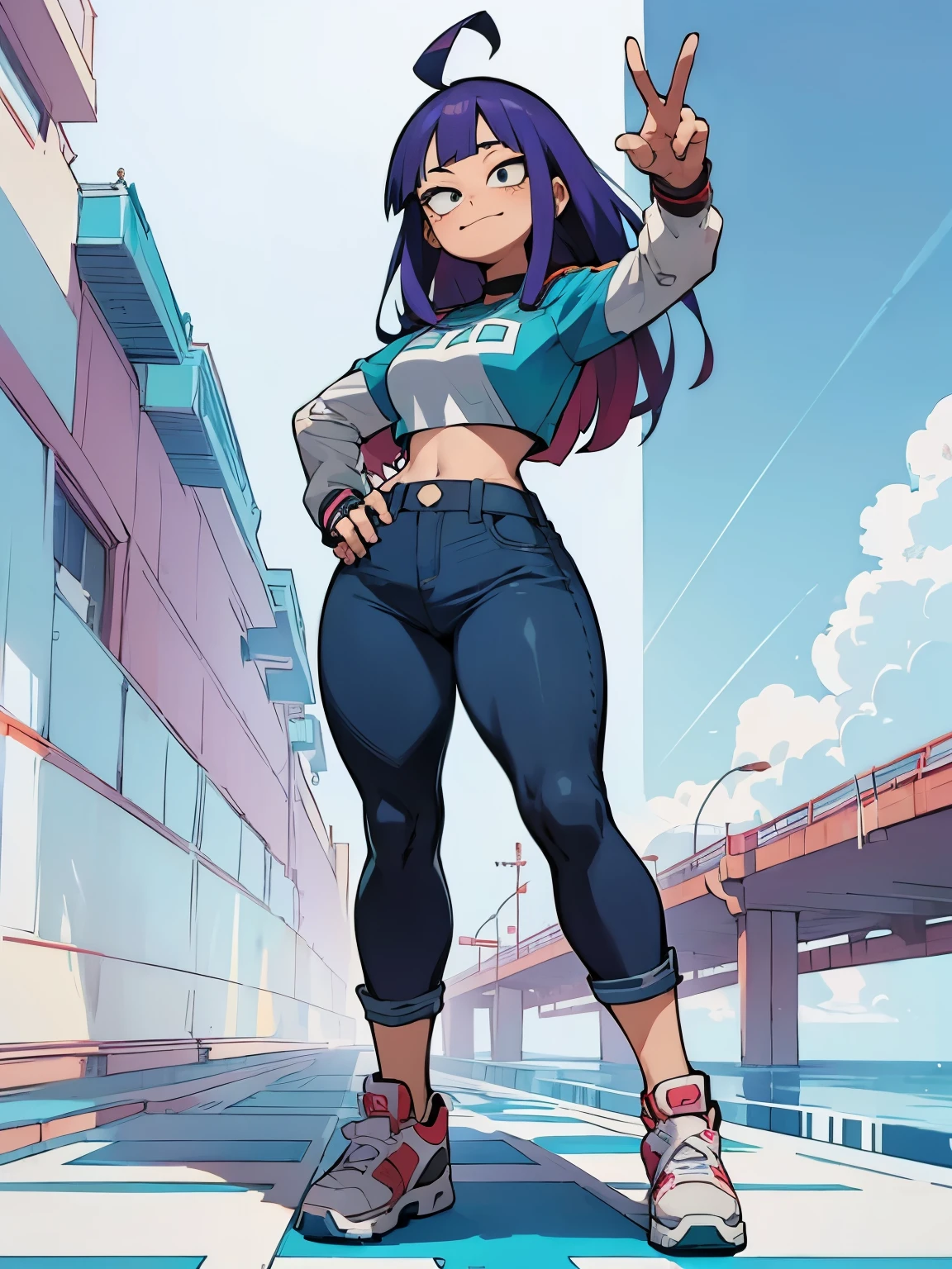 (((My Hero Academia Style))), 1girl, female, Miko Kubota, (Full Body Photo:1.5), purple girl, Light skin female, light-skinned girl, blue eyes, long hair, Violet blue hair with magenta shine, hime cut hair, asymmetrical bangs, long side bangs, confident smile, medium breasts, wide hips, round hips, wide thighs, thick thighs, straight jean mid-rise pants, straight jean pants, denim pants, mid-rise pants, blue and white long-sleeved cropped t-shirt, long-sleeved cropped t-shirt, short blue and white t-shirt, short t-shirt, blue sports shoes, sports shoes, Perfect anatomy, perfect hands, super detailed, standing, standing pose, cowboy shot, cowboy shot pose, peace sign, peace sign pose, Beach road background, beach road, road background, beach background, ((Glitch Techs series Style)),