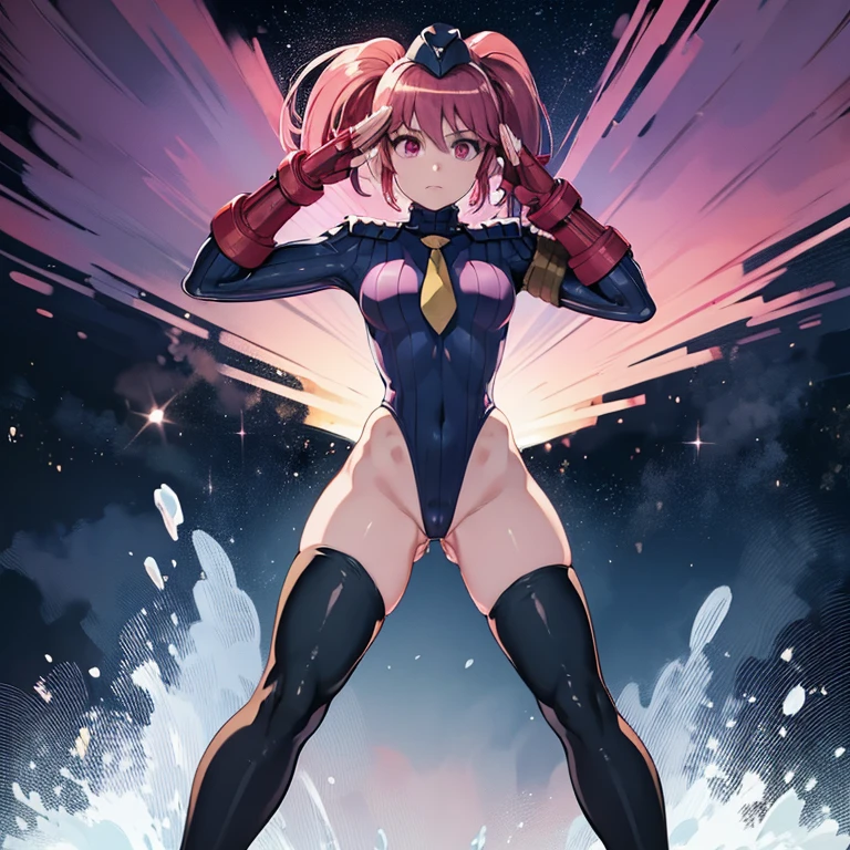 ultra-detailed, Explicit, Beautiful body, Beautiful Nose, Beautiful character design, perfect eyes, perfect face, ultra highres, 4K, beautiful legs, perfect legs, Nice hands, Perfect hand, Masterpiece, Best Quality, Highly detailed, illustration, absurdres, street fighter, doll suit, shadaloo doll, dollsuit, expressionless, blank eyes, looking at viewer, red gloves, emotionless, black latex, corrution, mind control, female combatant, full body, hypnotized, unhappy trance, full body suit, ribbed bodysuit, both arms at side, obey, perfect female body, extremely glossy latex, hypnosis, hypnoLora, empty eyes, Mind control device, poses, submissive_pose, Slave, hat, necktie, stand up straight, standing, standing at attention, hat, necktie, belt, latex, ribbed bodysuit, thighhighs, garter belt, Fighting Stance, extending the right arm from the shoulder into the air with a straightened hand, nazi saluting, military, military saluting, salute, thigh boots, 1girl, Riri, Aino Megumi, Cure Lovely, Happiness Charge Precure!, pink hair, pink eyes, ponytail