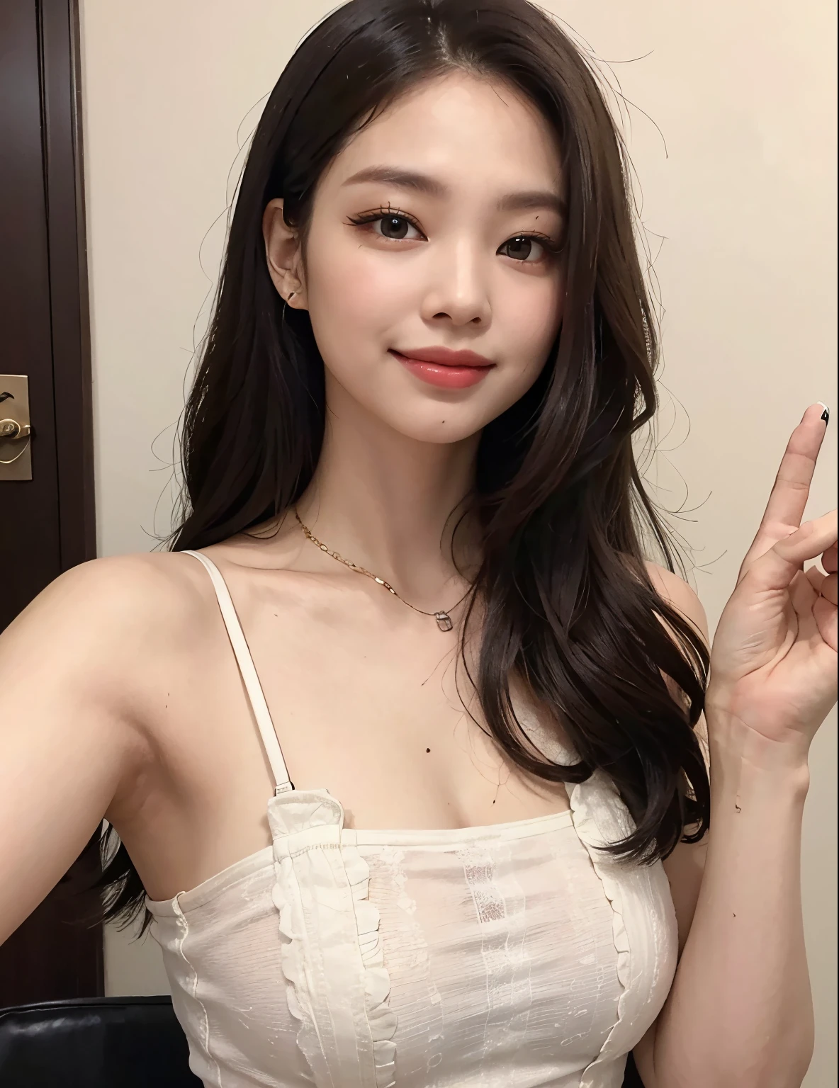 realistic girl with curly blonde hair, pretty woman, takes a selfie smiling, jennie kim, pretty lips, beautiful body,  white skin, selfie, pretty woman, jennie kim, jennie blackpink, casual dress, smile looking at the cell phone camera, beautiful hair, black smokey eyes, light eyes, very black hair, does not show hands, selfies close to her face, realistic, natural look, full lips, made-up eyes, high definition, high quality, 4k