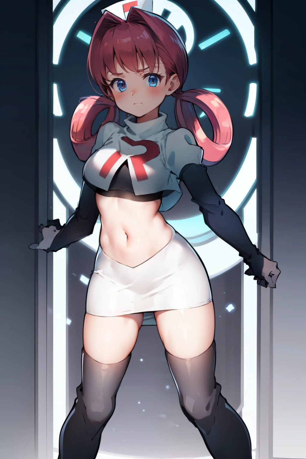 nurse joy, hair rings, bangs, team rocket,team rocket uniform, red letter R, white skirt,white crop top,black thigh-high boots, black elbow gloves , looking at viewer,