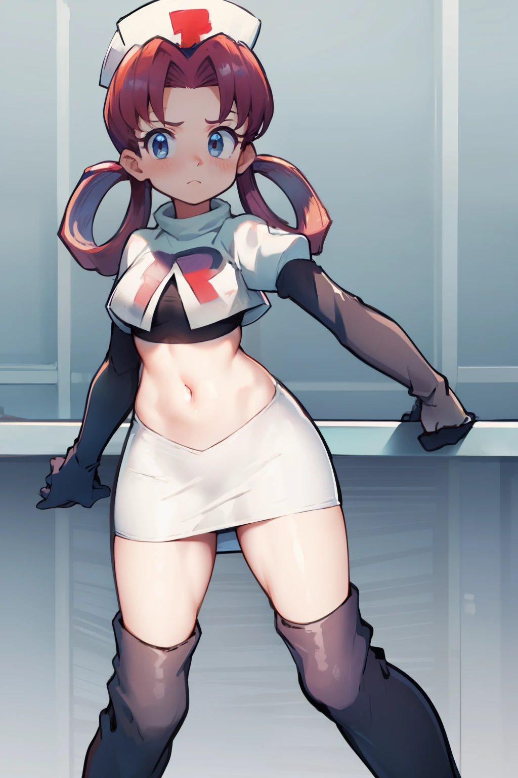 nurse joy, hair rings, bangs, team rocket,team rocket uniform, red letter R, white skirt,white crop top,black thigh-high boots, black elbow gloves , looking at viewer,