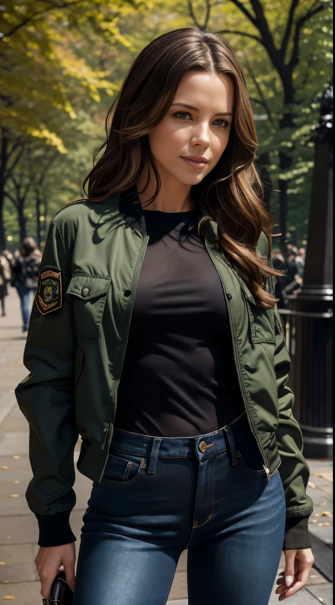 Foto hiperrealista en primer plano de Kate Beckinsale, masterpiece, best quality, (photorealistic:1.4), (army green bomber jacket over black blouse:1.1), (blue jeans:1.2) heels, in the New York Central Park, sunny day, cinematic light, beautiful woman, skinny, small breasts, straight brown hair, detailed face, smile, photo taken from a distance, age 20 tears old, (black detights:1.2)