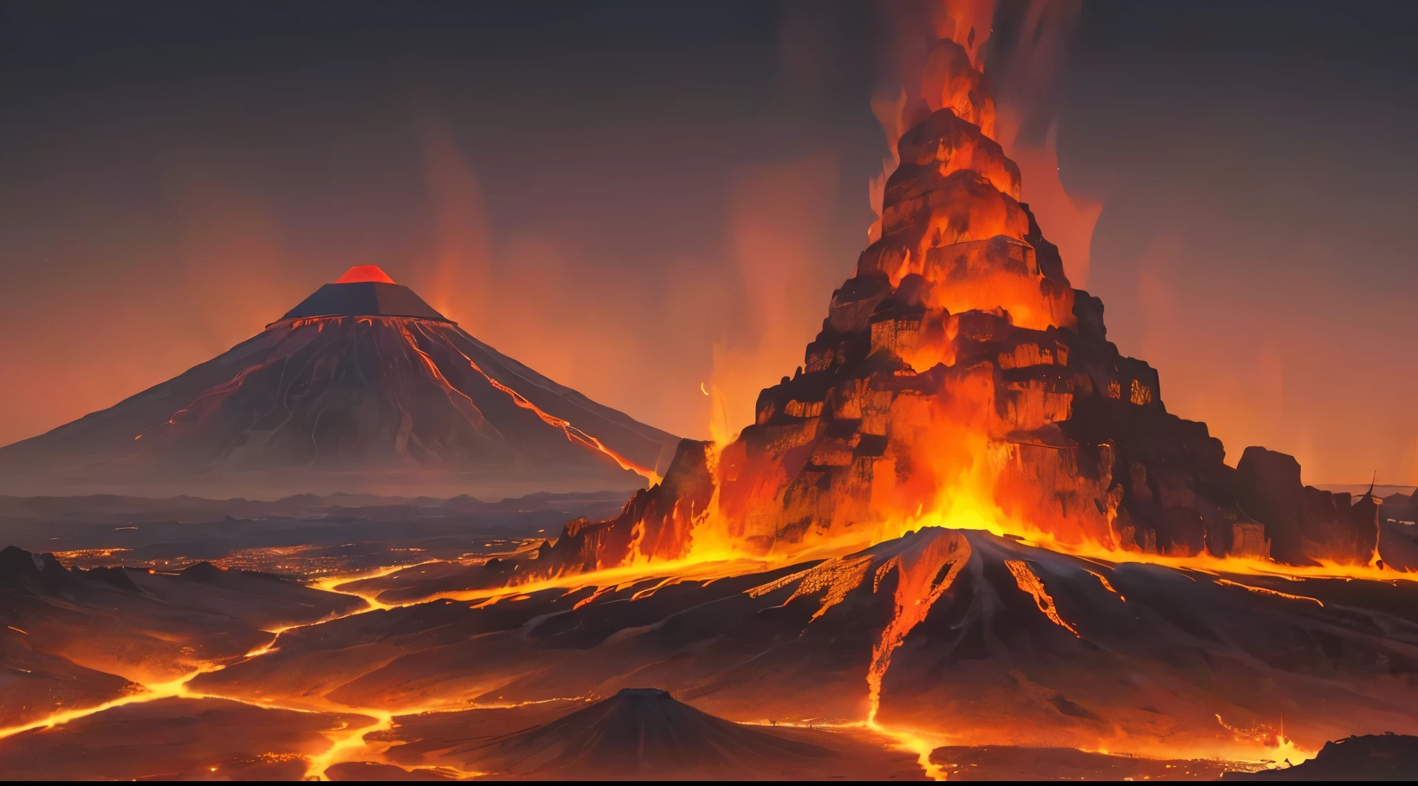 Scenery , Forest ,Mayan Pyramid ,Several volcanoes in the flaming mountains with a distant city on the horizon A dark medieval city of darkness The city that represents the essence of volcanoes as hell The sky is black Clouds of black smoke and a red moon in a landscape of an RPG art A dark medieval art A medieval city , masterpiece , best quality, high quality