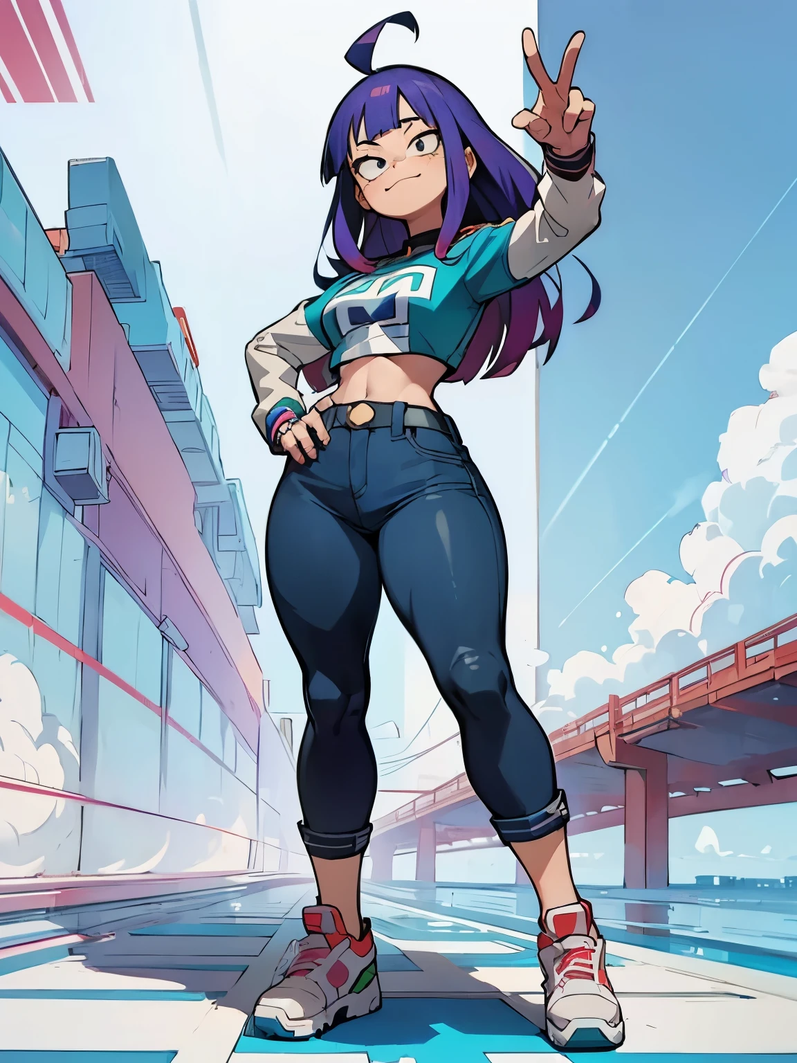 (((My Hero Academia Style))), 1girl, female, Miko Kubota, (Full Body Photo:1.5), purple girl, Light skin female, light-skinned girl, blue eyes, long hair, Violet blue hair with magenta shine, hime cut hair, asymmetrical bangs, long side bangs, confident smile, medium breasts, wide hips, round hips, wide thighs, thick thighs, straight jean mid-rise pants, straight jean pants, denim pants, mid-rise pants, blue and white long-sleeved cropped t-shirt, long-sleeved cropped t-shirt, short blue and white t-shirt, short t-shirt, blue sports shoes, sports shoes, Perfect anatomy, perfect hands, super detailed, standing, standing pose, cowboy shot, cowboy shot pose, peace sign, peace sign pose, Beach road background, beach road, road background, beach background, ((Glitch Techs series Style)),