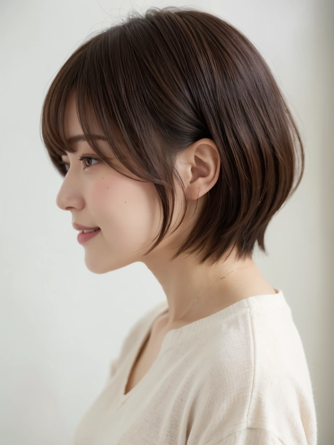 white walls、Taken in front of the white door、(窓のあるwhite wallsの部屋)、(8K、Raw photography、top-quality、​masterpiece:1.2)、high-definition RAW color photography、professional photograpy、(realisitic、フォトrealisitic:1.37)、Shot in natural light、1girl in、A smile、(Poses variadas)、Crouch down、crouching down、BREAK (Ombre:1.3) 、Winter clothes、 Necklace、(Beautiful profile:1.3)、Don't look at the camera、profile、short-cut、((Brown hair)、short-hair、Eye color is dark brown、(Beautiful profile:1.3)、correct hand of human body、Depressed、pastel clothing