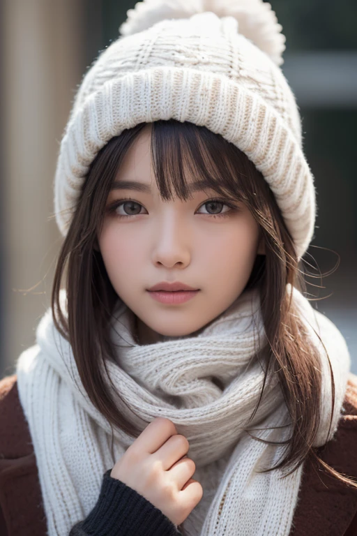 1girl in, (Wear winter clothes:1.2), (Unripe, Best Quality), (Realistic, Photorealsitic:1.4), masutepiece, Extremely delicate and beautiful, Extremely detailed, 2k wallpaper, amazing, finely detail, the Extremely Detailed CG Unity 8K Wallpapers, Ultra-detailed, hight resolution, Soft light, Beautiful detailed girl, extremely detailed eye and face, beautiful detailed nose, Beautiful detailed eyes, Cinematic lighting, Winter scene, Perfect Anatomy, Slender body, Taut, Straight semi-long hair, Bangs, Looking at Viewer, A slight smil,FULL BODYSHOT,big knit hat,Knitted muffler,tight pure white turtleneck sweater,Woolen coat,The front of the coat is open,((Scarf Hair)),Reach out and try to pull the viewer towards you.