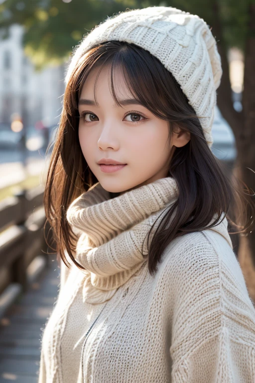 1girl in, (Wear winter clothes:1.2), (Unripe, Best Quality), (Realistic, Photorealsitic:1.4), masutepiece, Extremely delicate and beautiful, Extremely detailed, 2k wallpaper, amazing, finely detail, the Extremely Detailed CG Unity 8K Wallpapers, Ultra-detailed, hight resolution, Soft light, Beautiful detailed girl, extremely detailed eye and face, beautiful detailed nose, Beautiful detailed eyes, Cinematic lighting, Winter scene, Perfect Anatomy, Slender body, Taut, Straight semi-long hair, Bangs, Looking at Viewer, A slight smil,FULL BODYSHOT,big knit hat,Knitted muffler,tight pure white turtleneck sweater,Woolen coat,The front of the coat is open,((Scarf Hair)),Reach out and try to pull the viewer towards you.